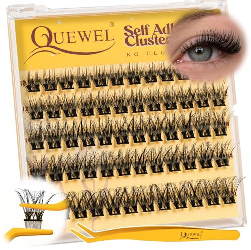 QUEWEL Selbstklebende-Wimpern 60STK, Cluster Lashes kein Kleber erforderlich, 10–16mm starker Halt wiederverwendbare Wimpern Selbstklebend, Müheloses Auftragen für Anfänger (MJ01)