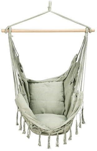 GEEZY Hammock Swing Chair – Indoor & Outdoor Green Hanging Chair with Wooden Spreader Bar, Comfortable Cushioned Seat, Cotton Blend Fabric – Sensory Swing for Living Room, Bedroom, Garden & Patio