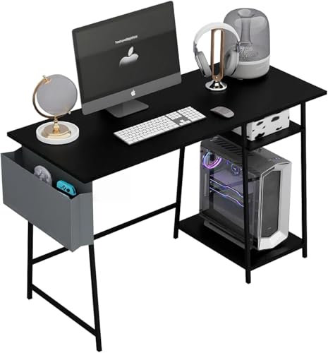 DEILALY Computertisch, 80 cm Gaming-Tisch, Laptoptisch, Schreibtisch mit Metallrahmen, Holz mit schwebenden Ablagen, für Schlafzimmer, Wohnzimmer, Schwarz