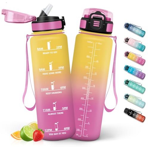 HoneyHolly Gourde 1L, Gourde avec Paille, Bouteille Adaptée aux Boissons Gazeuses, Water Bottle Paille Adulte, avec Marquage du Temps, Étanche et sans BPA, Bouteille d'eau pour Sport, Bureau