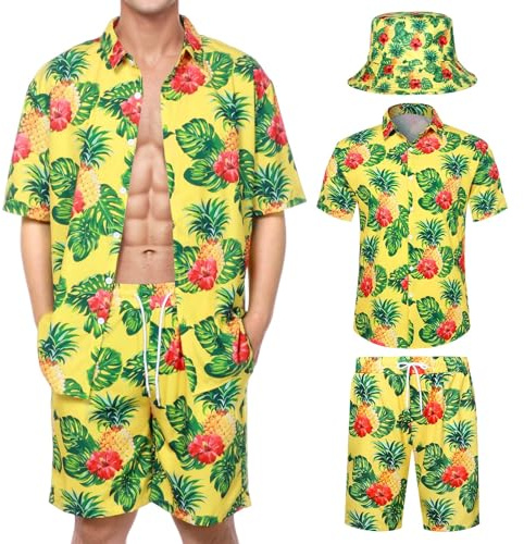 Joyesplay Hawaii Hemd Männer,3 Pcs Hawaii Outfit Herren mit Flamingo Hemd Shorts Fischerhut Hawaiihemd für Sommer Set Herren Beach Party