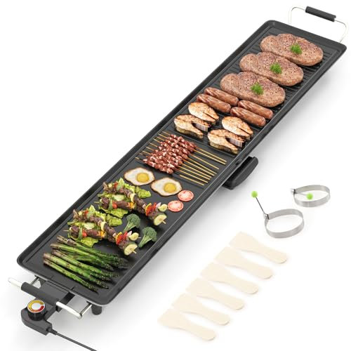 TANGZON Electric Teppanyaki Grill, 1800W Non-Stick Die-casting Aluminum Barbecue Grill with Adjustable Temperature, 6 Spatulas & 2 Egg Rings, Table Top BBQ Hot Plate Griddle (116x24cm, Dual-Zone)
