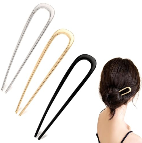 Henxing 3 Pcs French Hair Pin pour Cheveux Épais, 14cm U Fourchette | Epingle Cheveux Femme, Pince Épingle à Cheveux Chignon U Bâton Chignon pour Filles Accessoires Coiffure(Or,Noir, Argent)