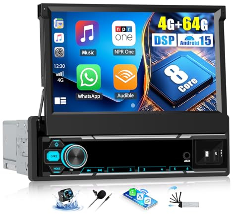 OiLiehu 4G+64G 8 Core Android 15 Radio para Coche 1 DIN inalámbrica CarPlay Android Auto Pantalla Retráctil Manual de 7 con GPS WiFi Bluetooth FM RDS SWC USB EQ Cámara de Visión Trasera
