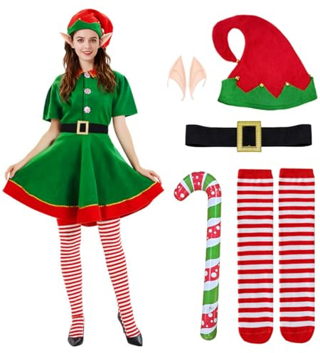 GTJEOI Weihnachtself Kostüm Set, Weihnachtselfen Kostüm Damen mit Hat, Krücken und Elfenohren, Weihnachts Elfen Kostüm, weihnachtswichtel kostüm für Erwachsene für Karneval Weihnachten Cosplay Party