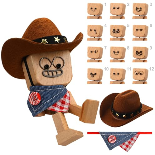 Novabright Shaking Wooden Man Figurine with Cowboy Hat & Scarf
