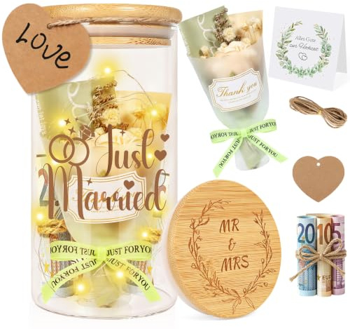 Hochzeitsgeschenke für Brautpaar, Hochzeit Geldgeschenk Verpackung mit Trockenblumen, Anhänger&Grußkarte, Just Married Spardose,Personalisiertes Hochzeitsgeschenk für Frischvermählte