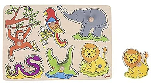 goki 57862 - Soundpuzzle Zootiere, fördert das Lernen und Fühlen spielerisch, Holzpuzzle für Kinder, Geräusche von 6 verschieden Tieren, Affe, Schlange, Löwe, Elefant, Krokodil, 7er Set, ab 1 Jahr