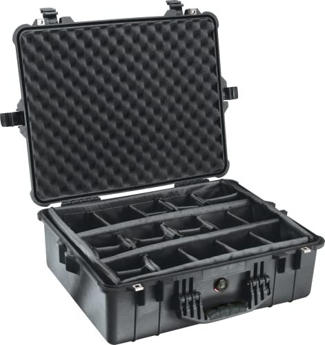 PELI 1600 Peli Transportkoffer aus Polypropylen, IP67 Wasser- und Staubdicht, 46L Volumen, Mit gepolstertem Einteilungssystem, Schwarz