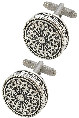Manschettenknöpfe Herren Silber Farbe - Mit Box - Keltisch Design - Antiken Stil - Langlebiges Messing - 20mm Durchmesser - Runde - Kreuz - Silber und Schwarz Farben - Ein Paar