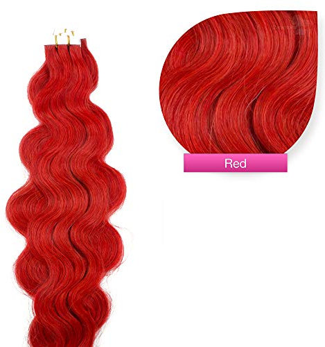 Tape in Extensions gewellt Extensions zum Einkleben 10 Strähnen 50cm wellig Haarverlängerung, Haarverdichtung Remy Human Hair Echthaarverlängerung - # Rot