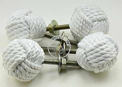 Humaira Nauticals White Jute Rope Door Knobs/Rope Knot Drawer Pulls and Knobs/Pull and Push Handle Knobs for Cabinets, Wardrobes & Cupboards/Nautical Hardware Decor, 47 mm, Set of 4