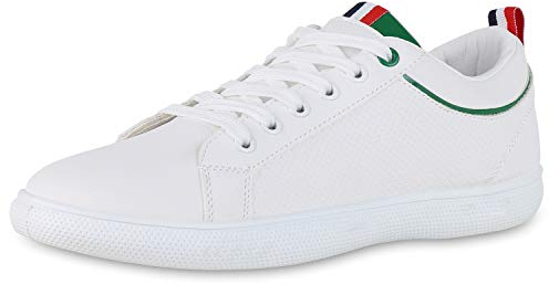 SCARPE VITA Herren Sneaker Low Turnschuhe Schnürer Lack Leder-Optik Schuhe Bequeme Freizeitschuhe 190766 Weiss Grün Total 40