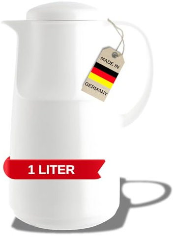 MARKUTEC Concord Flat Kunststoff-Thermoskanne – 1 Liter – Weiß – Hochwertiger Glaseinsatz – Ergonomischer Schraubverschluss – Ideal für Kaffee & Tee