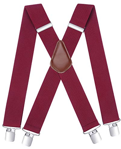 HISDERN Hosenträger für herren Extra Starke breit 5cm mit sehr Starken 4 Metall Clip X-Form Rot Hosenträger Lang Einheitsgröße für Männer und Damen Einstellbar und Elastisch