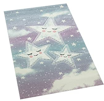 Teppich-Traum Kinderzimmer Teppich Spielteppich Himmel Wolken Sterne Design blau Creme Größe 80x150 cm
