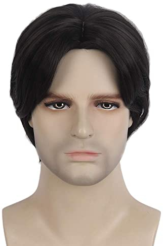 REEWES Männer Perücke Kurze Herrenperücke Gelockte Herrenperücken mit Pony Natürliche Synthetische Vollperücke für Männer Täglich Party Kostüm Cosplay Tragen (Natürlich Schwarz)