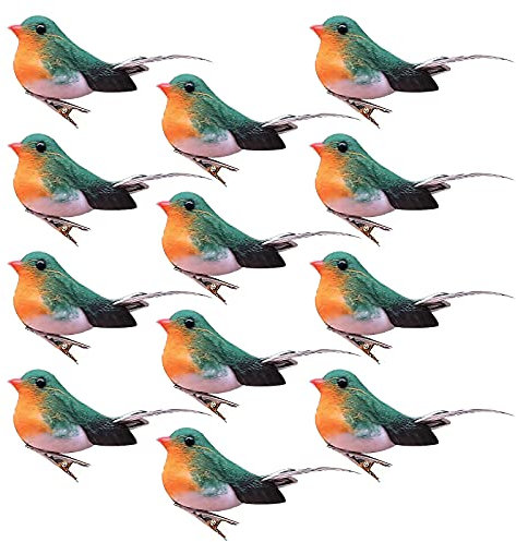 YLSZHY 12 PCS Artificial Feather Bird,9 cm Artificial Little Robin Bird Clip-on Mini Cute Birds Figurine for Home Crafts Holiday Festival Wedding Decorations Fairy Garden Tree Ornament Gift