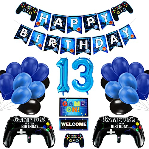 13. Geburtstag Jungen, Gaming Dekoration Luftballons, Controller-Ballons und blau-schwarze Ballons, HAPPY BIRTHDAY GAMEN ON WELCOME Banner Videospiel Party Dekoration für Kinder