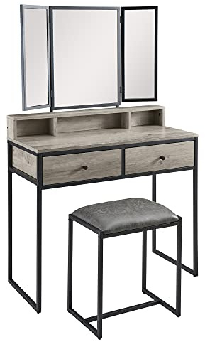 MODERION Schminktisch, Frisiertisch mit 3-teiligem Klappspiegel(inkl. 3 Unterteiler), Kosmetiktisch mit gepolstertem Hocker, 2 Schubladen, 90 x 40 x 142 cm (Grau B1)