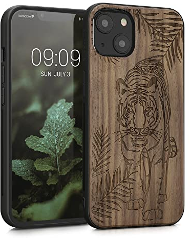 kwmobile Hülle kompatibel mit Apple iPhone 13 Hülle - Holz Case - Handy Cover - TPU Handyhülle in Dunkelbraun Tiger Palmen