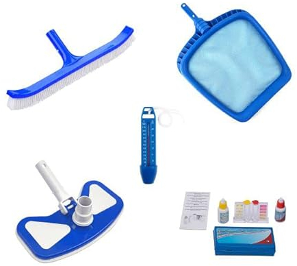 well2wellness Pool Zubehör Set 4 Basic 5-teilig mit Laubkescher, Thermometer, Bodensauger, Beckenbürste Plus Test-Kit für Chlor + pH (P1879)