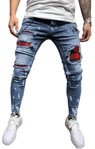 Osheoiso Jean Troué Homme Skinny Casual Slim Fit Pantalon Denim Styles Déchiré Sport Trousers avec Fermeture Éclair Casual Pants Trekking Outdoor Cargo Vintage A Bleu Foncé XXL