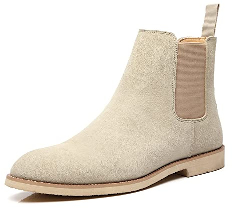 MANLADUO Botas Chelsea para hombre, estilo casual, de piel auténtica, de caña alta, clásicas, elásticas, para hombre, Beige, 44.5 EU