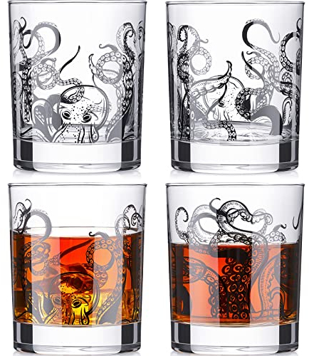 4 Stück Octopus Tentakel Whiskey Gläser 284 ml - Rock Gläser Kraken Geschenke Altmodische Tasse - Klare Strand Weingläser für Trinken Shot Rum Cocktail Bier Bar Dekor Tumbler Cup Glaswaren