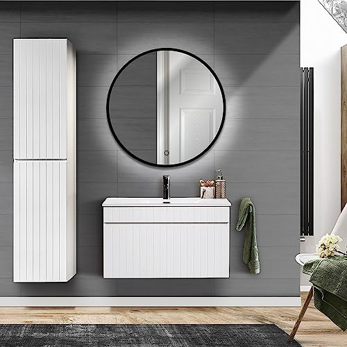 Lomadox Badmöbel Set mit 80 cm Waschtischunterschrank und Keramik Waschbecken, LED Spiegel und Hochschrank in weiß matt, B/H/T: ca. 135/200/46 cm