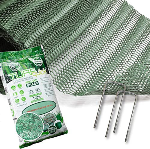 GrassProtecta® befahrbares Rasengitter aus Kunststoff, grün, 1,2kg/m², inklusive Befestigungs-Pins und Turfquick Rasensamen-Vlies (20 m²)