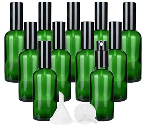 BPZXL 12 Piezas 100ml Verde con Pulverizador, Bote de Spray Viaje con Tapas de Negro Atomizador de Perfume für Reisen Ätherische Öle Parfüm Zubehör+ 2 x Embudo
