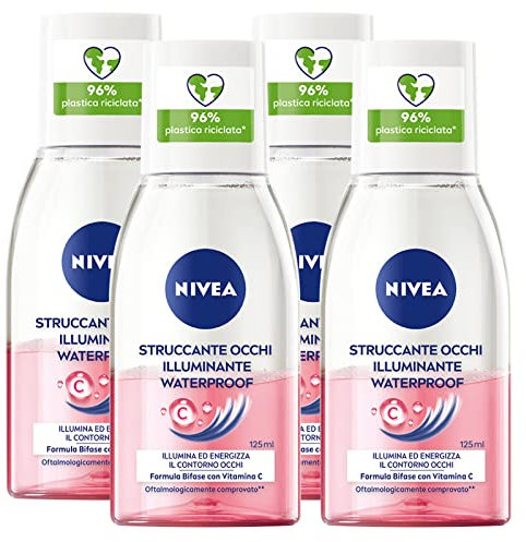 Nivea Augen-Make-up-Entferner Waterproof mit Reinigungs- und Energiewirkung, Vegane Formel Biphase mit Vitamin C für Konturen, empfindliche Augen und Haut, 4 Flaschen à 125 ml