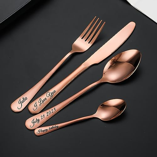 Individuell graviertes Besteck, individuelles Geschirrset mit Geschenkbox, personalisierter Schriftzug, Namensgabel/Messer/Löffel, Edelstahlbesteck (Roségold)