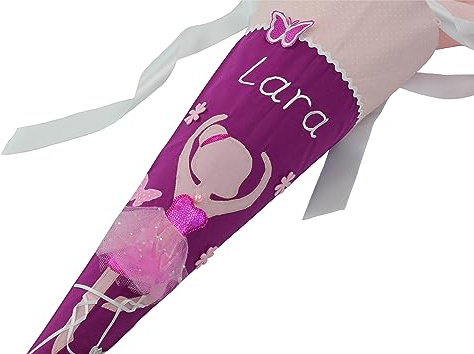 Schultüte/Zuckertüte Ballerina mit Namen in lila und pastellrosa zur Einschulung für Mädchen, aus Stoff, optional mit Kissen bestellbar
