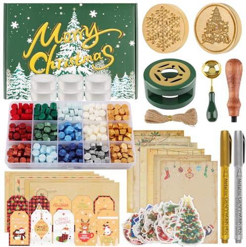 Kalolary 15 Colors Christmas Wax Seal Stamp Kit, 375PCS Sealing Wax Beads with Wax Stamp Brass Heads, Sealing Wax Warmer, Melting Spoon, Metallic Pen, Candles, Envelope for Invitation Gift Packaging