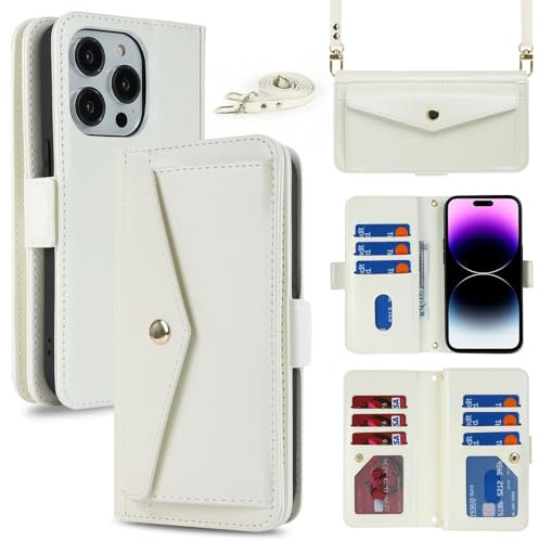 Zouzt for iPhone 14 Pro Max Wallet Case with Credit Card Holder Slot 14ProMax Crossbody Bag Purse Premium PU Leather Flip Folio Book Protective Cover Women for iPhone 14 Pro Max 6.7 Inch (White)