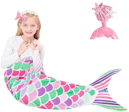Meerjungfrauen Schwanz Decke,110 * 40cm Meerjungfrauenflosse Mädchen Decke,mit Glitzersternen Pailletten Haarnadel,Weicher Warmer Plüsch Kuscheldecke (Rosa)