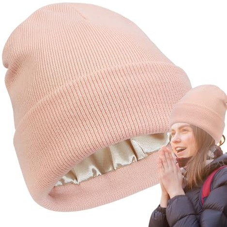 weiting Mit Satin gefütterte Mützen,Satin gefütterte Mütze für Damen,Gestrickte Beanie-Mützen - W -Beanie-Mütze, Zopfmuster-Mütze für Herren, Seidenfutter, Dicke, klobige Kappe, weiche, lässige