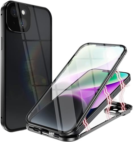 CoolGadget Handyhülle für iPhone 15 Magnetglas Magnetisch 360 Grad Schwarz | 360 Grad Rundumschutz, Glas vorne und hinten, magnetischer Metallrahmen, für KFZ Magnethalterung