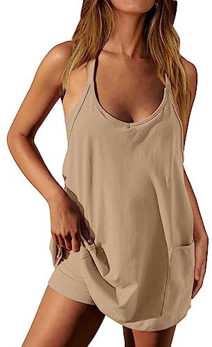 Damen Sommer Bequem Casual Strampler Jumpsuit Latzhose Strampler Spaghettiträger Shorts Overalls mit Taschen, #06 Khaki, Medium