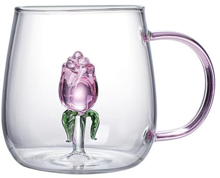 BaronHong 3D-Trinkglas, süße mundgeblasene Tier-/Pflanzenfigur, für Wein, Wasser, Milch, Getränke, 13,5 oz (Rose, M)