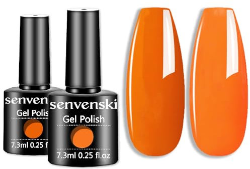 Senvenski Orange Gel Nail Polish Kit - UV/LED Soak Off Nail Art Set with Light Bright Neon Pumpkin Coral Orange Colors | Manicure Gift Kit for Women Salon Home Use (CS2-026)