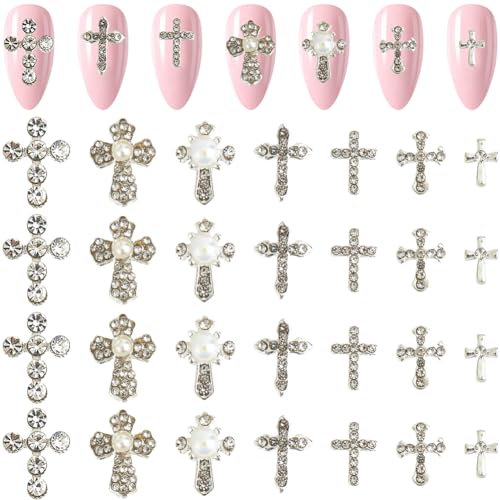 CRASPIRE 56Pcs 7 Styles Cross Nail Charms 3D Y2K Metal Alloy Rhinestone Flat Pearl Luxury Nail Gems Set Gothic Vintage Punk Studs Decor for Women Art Crafts DIY Christmas Decorations Cellphone