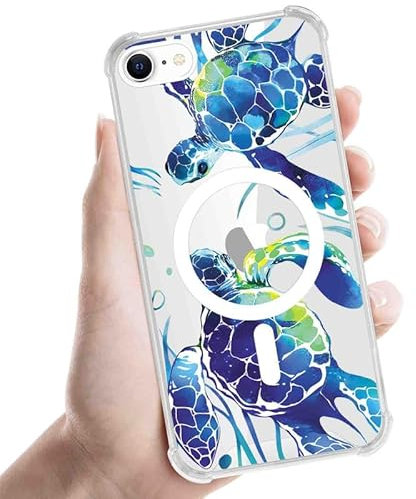 Foonary Transparent Cover Magnetic for iPhone 8/SE 2022/7/SE 2020 4.7,Compatible with MagSafe with Turtle Blue Aesthetics Pattern Case Wireless Charging,Protective Bumper Soft Cases for iPhone 7