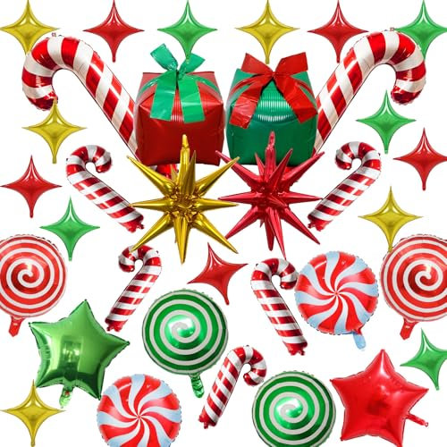 Weihnachts Luftballons Set, 34 Stk Rot Grün Gold Weihnachten Deko Süßigkeiten Zuckerstangen Geschenkbox Explosion Stern Folienballon, Weihnachtsdeko Helium Ballon für Kinder Christmas Party Dekoration