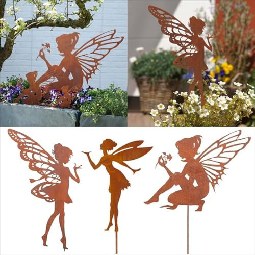 Rost Deko Tannenbaum und Elch Roststecker, 4er Set Rost Metall Deko Weihnachtsbaum Gartenstecker, Roststecker Weihnachtsdeko für Draußen (3er Set Engel)