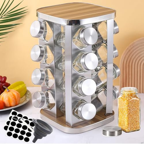 Amalan eu 360° Drehbares Gewürzregal aus Edelstahl mit 16 Gewürzgläsern – Gewürzorganizer Karussell für Küche, Spice Rack Drehteller aus Holz & Glas – Platzsparend, Rostfrei, BPA-frei