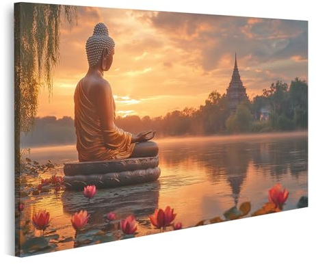islandburner Bild auf Leinwand Buddha am See bei Sonnenuntergang ruhige Lotusblüten im Vordergrund Bilder Wandbilder Poster