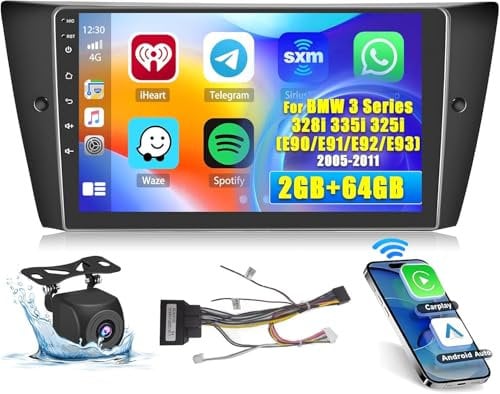 Hikity Android Car Stereo for BMW 3 Series E90 E91 E92 E93 2005-2012 Radio 2+64G 9 Inch Touchscreen Car Radio Carplay Android Auto Support GPS Navigation WiFi FM Bluetooth EQ Backup Camera